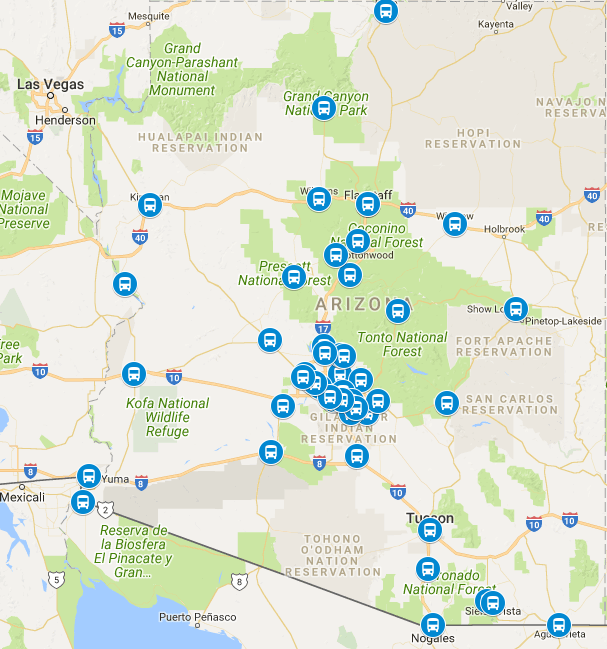Map of Airport Shuttle of Phoenix service area covering Phoenix Sky Harbor Airport and Arizona cities