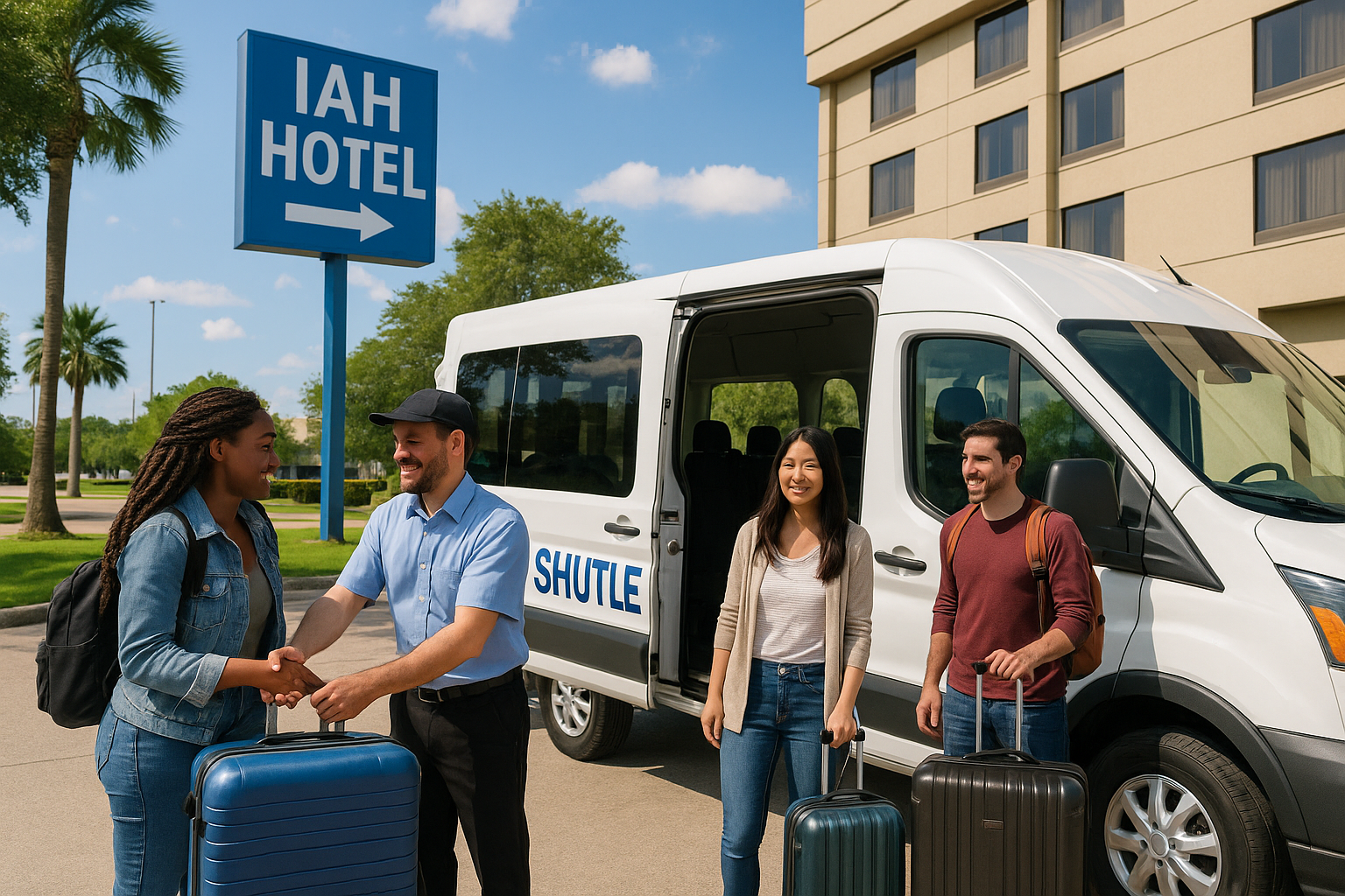 A welcoming shuttle van helps travelers with luggage at a Houston Intercontinental (IAH) airport hotel on a sunny Texas day.