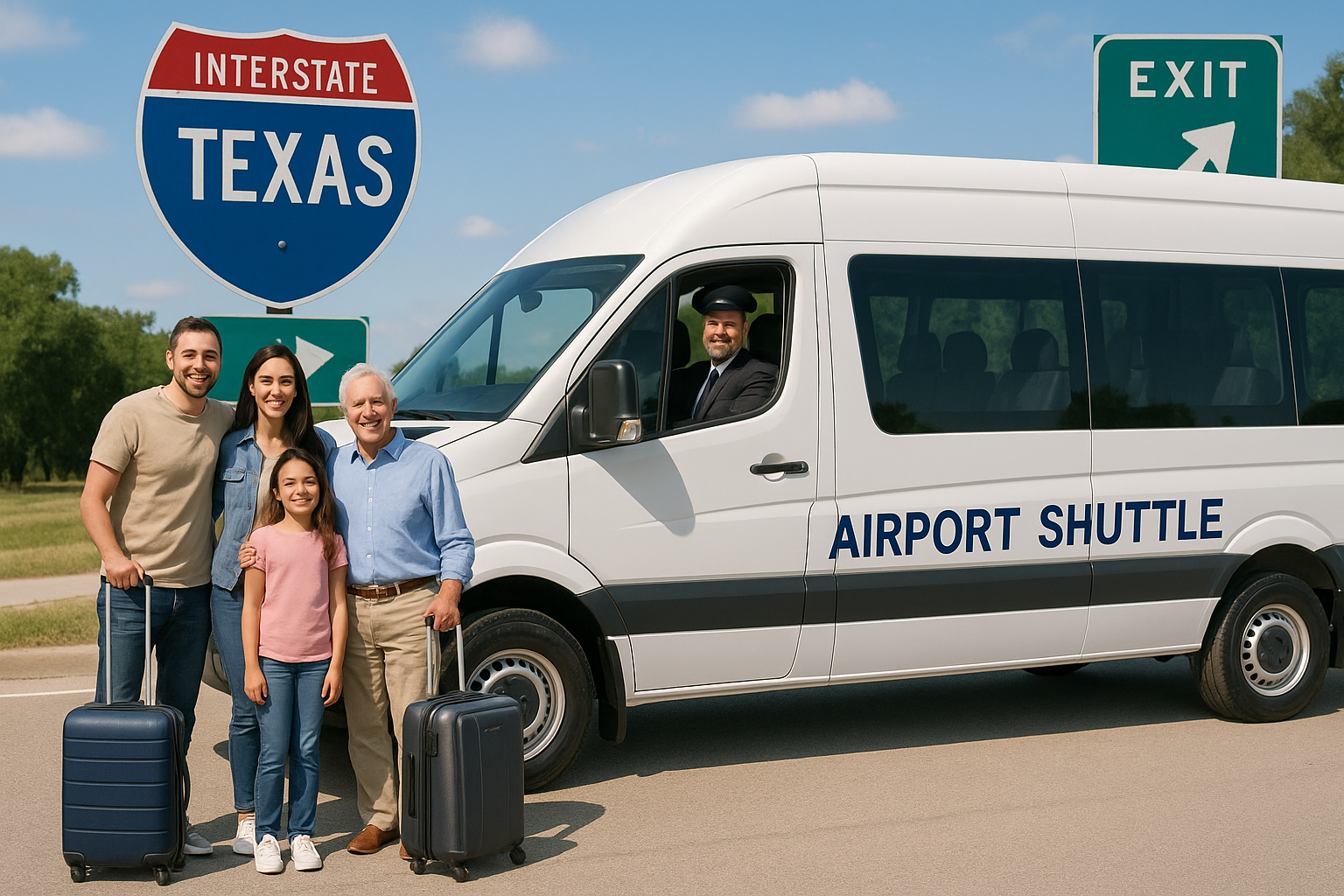 A trustworthy Texas airport shuttle van, professional driver, and happy group of family and senior travelers under sunny skies.